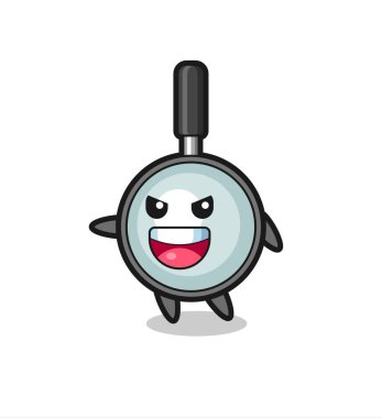 Heyecanlı pozlu büyüteç karikatür, tişört, çıkartma, logo elementi için şirin tasarım.