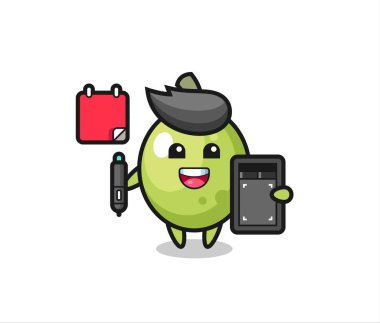 Zeytin maskotunun grafik tasarımcı olarak tasviri, tişört, etiket, logo elementi için şirin tasarım