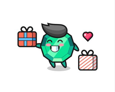 Zümrüt mücevher maskot çizgi filmi hediyeyi veriyor. Tişört, çıkartma, logo elementi için şirin bir tasarım.