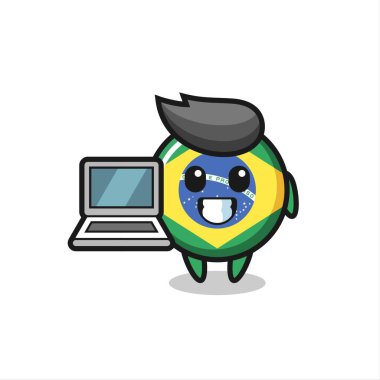 Dizüstü bilgisayarlı Brezilya bayrağı tasviri, tişört, etiket, logo elementi için şirin bir tasarım.