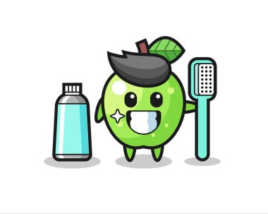 Diş fırçalı yeşil elma maskotu tasarımı, tişört, etiket, logo elementi için şirin tasarım.