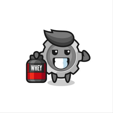 Kas teçhizatı karakteri bir protein takviyesi tutuyor. Tişört, çıkartma, logo elementi için şirin bir tasarım.