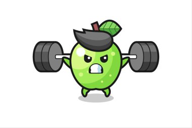 Halterli yeşil elma maskotu çizgi filmi, tişört, çıkartma, logo elementi için şirin bir tasarım.