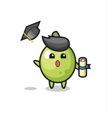 Mezuniyette şapkayı fırlatan zeytin karikatürü tasarımı tişört, çıkartma, logo elementi için şirin bir tasarım.