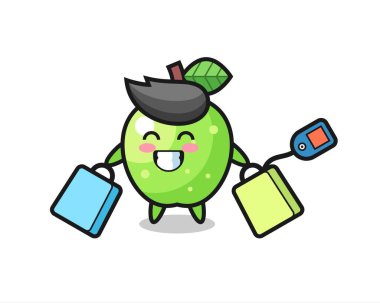 Alışveriş çantası tutan yeşil elma maskotu karikatürü tişört, çıkartma, logo elementi için şirin bir tasarım.