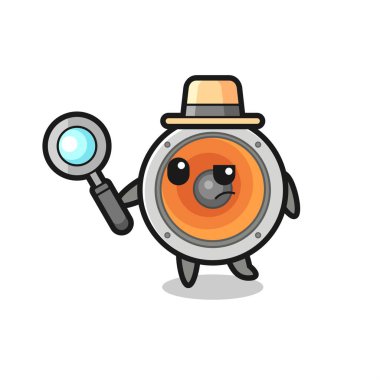 Hoparlör karakteri bir davayı inceliyor. Tişört, çıkartma, logo elementi için şirin bir tasarım.