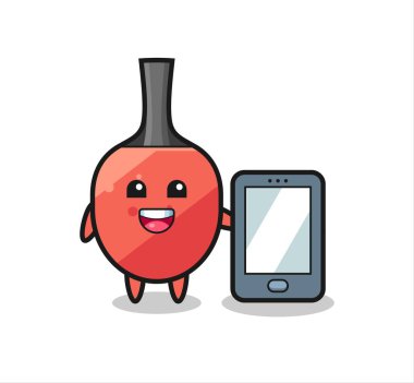 Masa tenisi raket resimli çizgi film elinde akıllı bir telefon, tişört, çıkartma ve logo elementi için şirin bir tasarım.