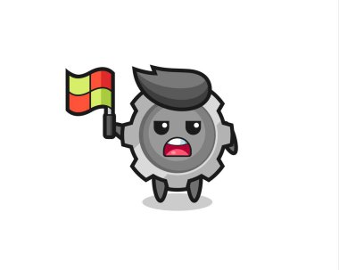 çizgi hakemi olarak dişli karakter bayrağı kaldırıyor, tişört, etiket, logo ögesi için şirin bir tasarım