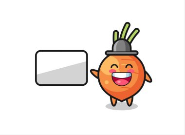 Bir sunum yapan havuç karikatürü çizimi, tişört, etiket, logo ögesi için şirin bir tasarım