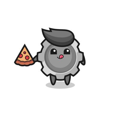 Pizza yiyen şirin dişli çizgi film, tişört, çıkartma, logo elementi için şirin bir tasarım.