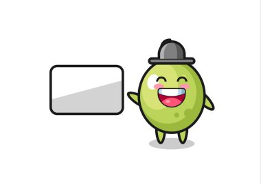 Zeytin karikatürü çizimi sunum yapıyor, tişört, etiket, logo elementi için şirin bir tasarım.