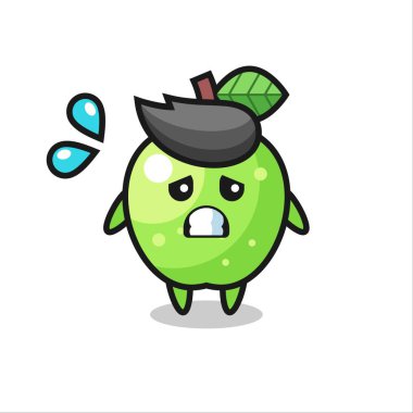 Tişört, çıkartma, logo elementi için şirin bir tasarım, korku jesti olan yeşil elma maskotu karakteri.