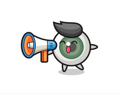 Tişört, etiket, logo ögesi için megafon, şirin bir tasarım tutan göz topu karakter çizimi