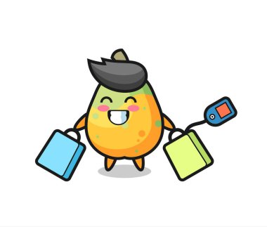 Papaya maskot karikatürü bir alışveriş çantası tutuyor, tişört, çıkartma, logo elementi için şirin bir tasarım.