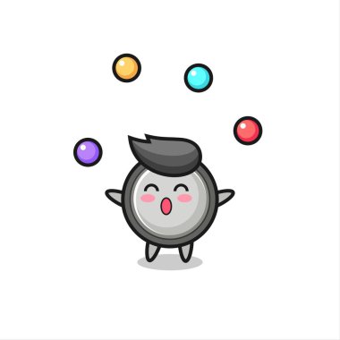 Tişört, çıkartma, logo elementleri için şirin bir tasarım, top hokkabazlığı yapan düğme hücreli sirk çizgi filmi.