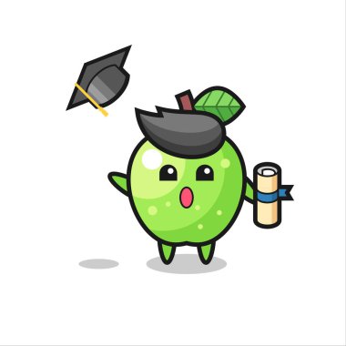 Mezuniyette şapkayı fırlatan yeşil elma karikatürü tişört, çıkartma, logo elementi için şirin bir tasarım.