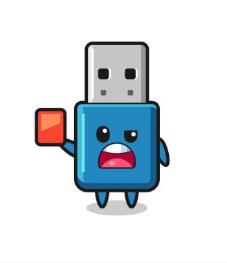 Hakem olarak USB usb sevimli maskotu kırmızı kart veriyor, tişört, çıkartma, logo elemanı için şirin bir tasarım.