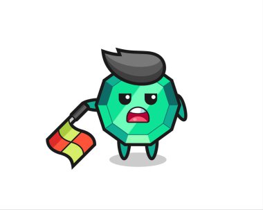 Hat yargıcı olarak zümrüt değerli karakter bayrağı 45 derecelik açıyla aşağıda tut, tişört, çıkartma, logo elementi için şirin bir tasarım.