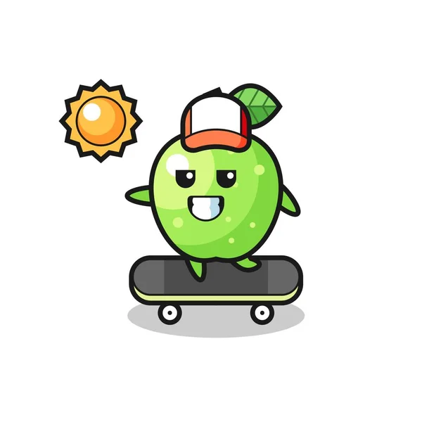 Grüne Apfel Charakter Illustration Fahrt Ein Skateboard Niedlichen Stil Design — Stockvektor