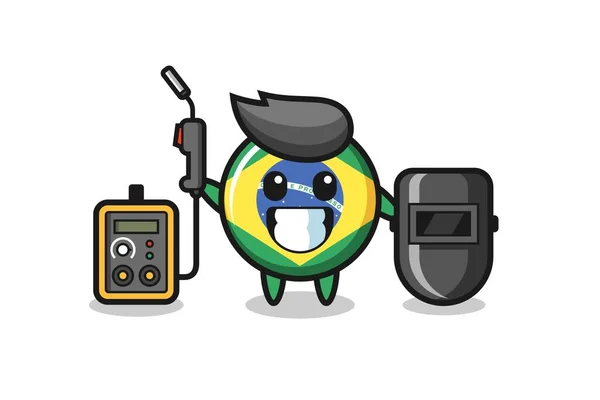 Character Mascot Brazil Flag Badge Welder Cute Style Design Shirt — Stock Vector