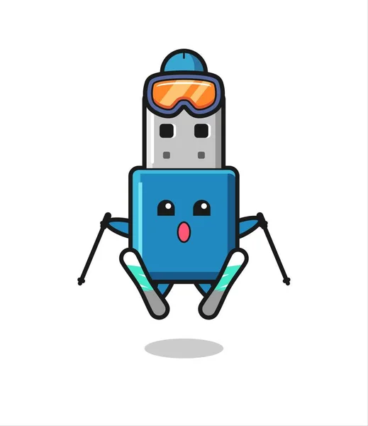 Flash Drive Usb Mascot Character Ski Player Cute Style Design — Stock Vector