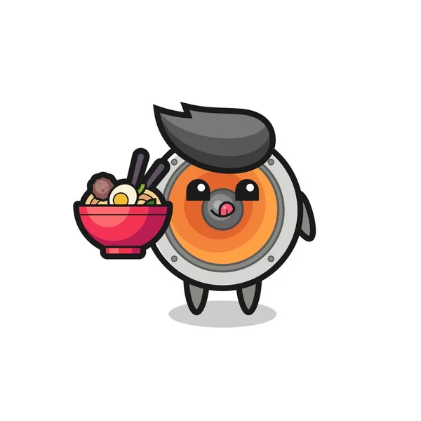 かわいいスピーカーキャラクターが麺を食べるTシャツ ステッカー ロゴ要素のためのかわいいスタイルのデザイン — ストックベクタ
