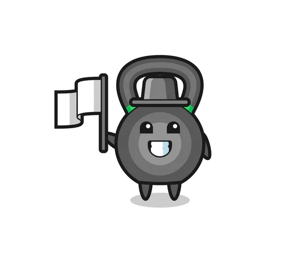 Personaje Dibujos Animados Kettlebell Sosteniendo Una Bandera Diseño Estilo Lindo — Vector de stock