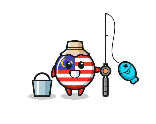 Personagem Mascote Emblema Bandeira Malásia Como Pescador Design Estilo Bonito — Vetor de Stock