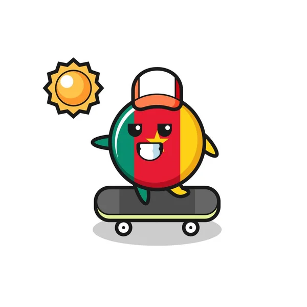 Kamerun Flagga Badge Karaktär Illustration Rida Skateboard Söt Stil Design — Stock vektor