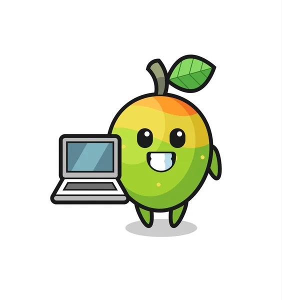Mascot Illustration Mangga Dengan Laptop Desain Gaya Lucu Untuk Shirt - Stok Vektor