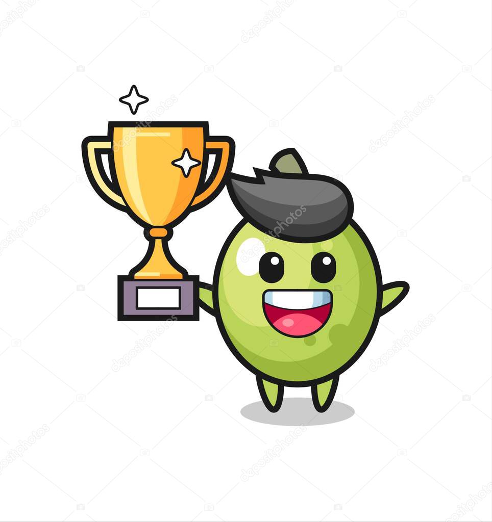 Cartoon Illustration of olive is happy holding up the golden trophy , cute style design for t shirt, sticker, logo element