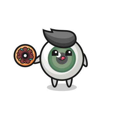 Tişört, etiket, logo elementi için tatlı bir tasarım olan donut yiyen bir göz yuvarı karakterinin çizimi