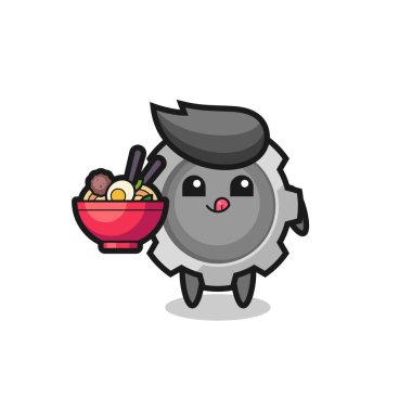 Sevimli dişli karakter erişte yiyor. Tişört, çıkartma, logo elementi için şirin bir tasarım.