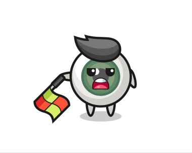 çizgi hakemi olarak göz karakteri bayrağı 45 derecelik açıyla aşağıda tut, tişört, çıkartma, logo elementi için şirin bir tasarım.