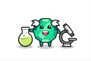 Bilim adamı olarak zümrüt mücevheri karakteri tişört, çıkartma ve logo elementleri için şirin bir tasarım.