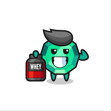 Kas zümrüt taşı karakteri bir protein takviyesi tutuyor. Tişört, etiket, logo elementi için şirin bir tasarım.