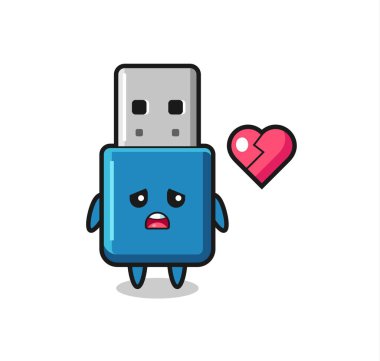 Flaş bellek usb karikatür çizimi kırık kalp, tişört, etiket, logo elemanı için şirin bir tasarım.