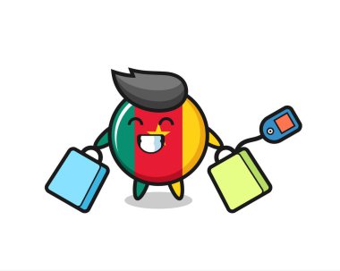 Kamera rozeti maskotu elinde alışveriş çantası, tişört, çıkartma, logo elementi için şirin bir tasarım.