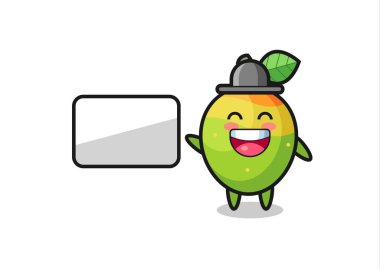 Bir sunum yapan mango karikatür çizimi, tişört, etiket, logo elementi için şirin bir tasarım.