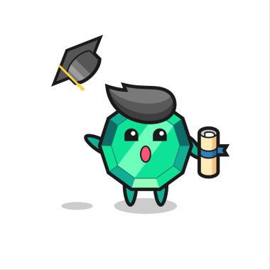 Mezuniyet töreninde şapkayı atan zümrüt değerli taş karikatür tasarımı tişört, çıkartma, logo elementi için şirin bir tasarım.