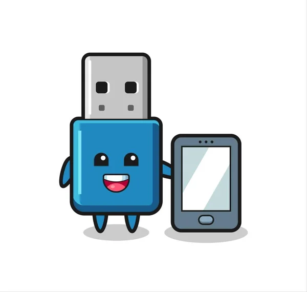 Usb Stick Illustration Cartoon Hält Ein Smartphone Niedlichen Stil Design — Stockvektor