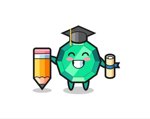 Emerald Gemstone Illustration Cartoon Graduation Giant Pencil Cute Style Design — Stock Vector