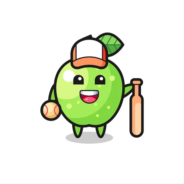 Cartoon Χαρακτήρα Του Πράσινου Μήλου Παίκτης Του Μπέιζμπολ Χαριτωμένο Σχεδιασμό — Διανυσματικό Αρχείο
