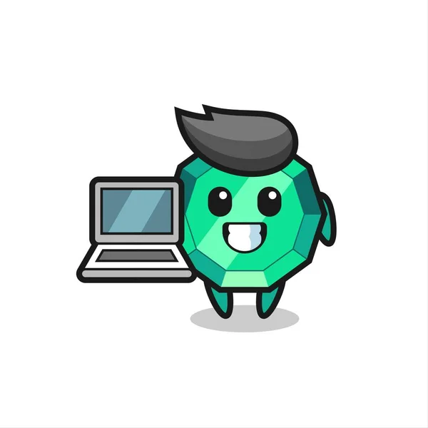 Mascote Ilustração Pedra Preciosa Esmeralda Com Laptop Design Estilo Bonito —  Vetores de Stock