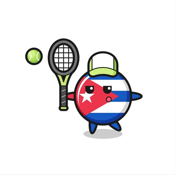 Cartoon Figur Der Kubanischen Flagge Abzeichen Als Tennisspieler Niedlichen Stil — Stockvektor