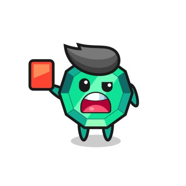 Hakem olarak zümrüt mücevher şirin maskot kırmızı kart veriyor. Tişört, çıkartma, logo elementi için şirin bir tasarım.