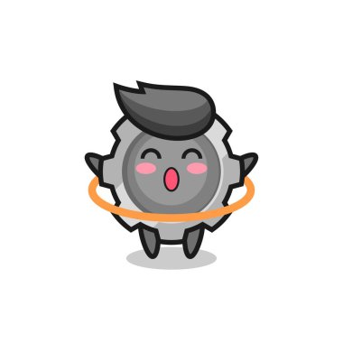 Şirin dişli karikatür hula hoop oynuyor. Tişört, çıkartma, logo elemanı için şirin bir tasarım.