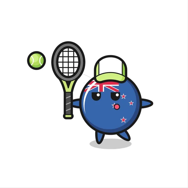 Cartoon Charakter Der Neuseeländischen Flagge Abzeichen Als Tennisspieler Niedliches Design — Stockvektor