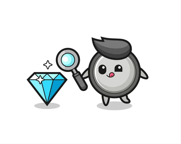 Mascota Célula Del Botón Está Comprobando Autenticidad Diamante Diseño Lindo — Vector de stock