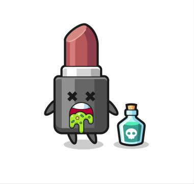 Zehirlenme sonucu kusan bir ruj karakterinin çizimi, tişört, etiket, logo elementi için şirin bir tasarım.